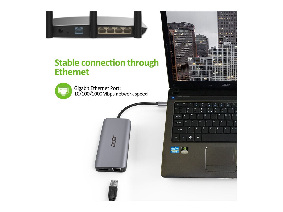 ACER 12-IN-1 TYPE-C DONGLE 2xUSB3.2 2xUSB2.0 2xHDMI DisplayPort Type C PowerDelivery SD Card reader TF Card reader 1000M Ethernet