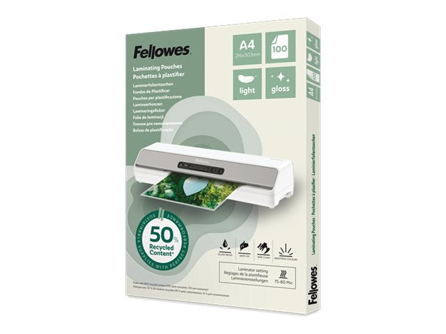 FELLOWES Pochettes de plastification A4 avec 50 pourcentage de contenu recyclé - usage léger brillant lot de 100