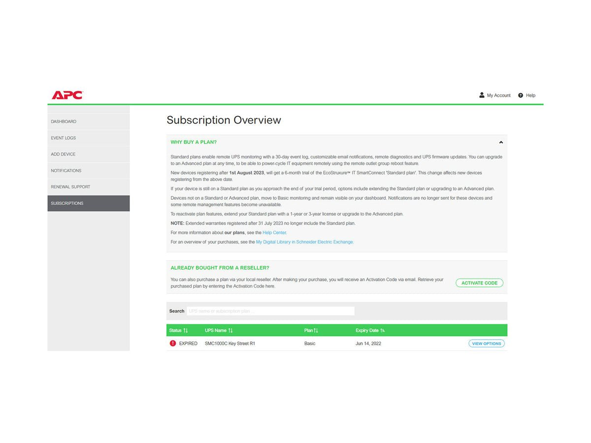 APC 1-UPS Standard 3Y Plan SmartConnect