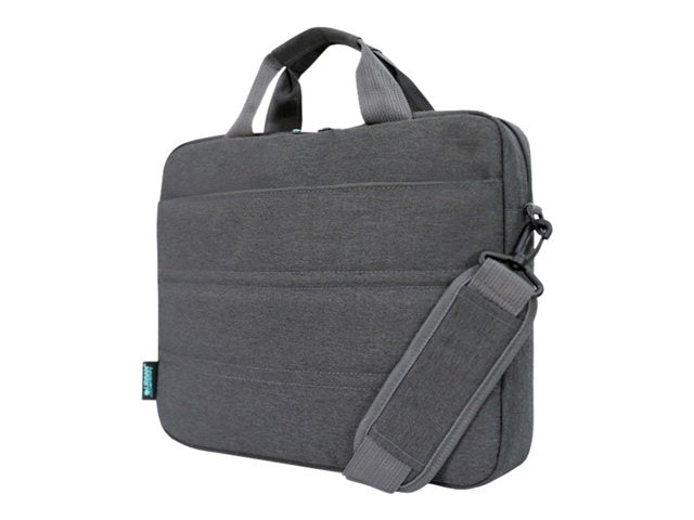 URBAN FACTORY Toploading bag made of recycled Nylon r-PET Reinforced notebook compartment Flat front pocket with zip Back patch