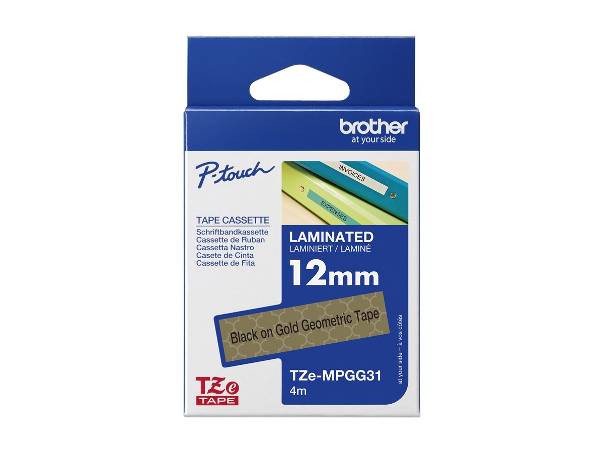 BROTHER Ruban laminé Noir sur Motifs Or 12mm (4m)