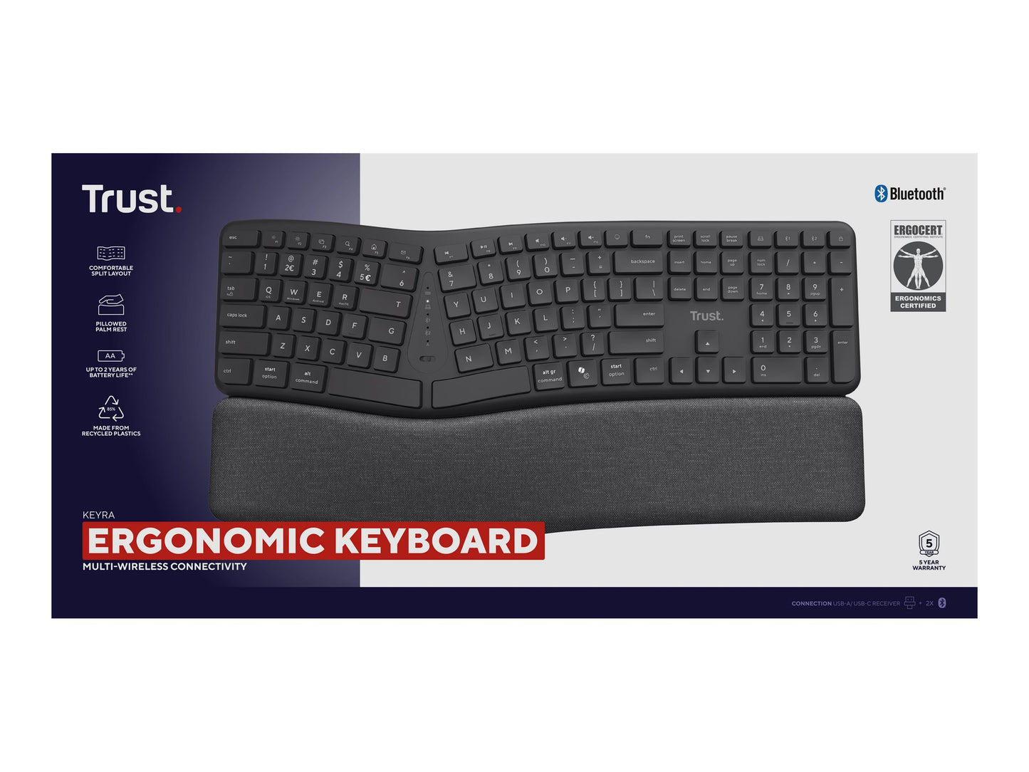TRUST Clavier sans fil KEYRA ergonomique Bluetooth