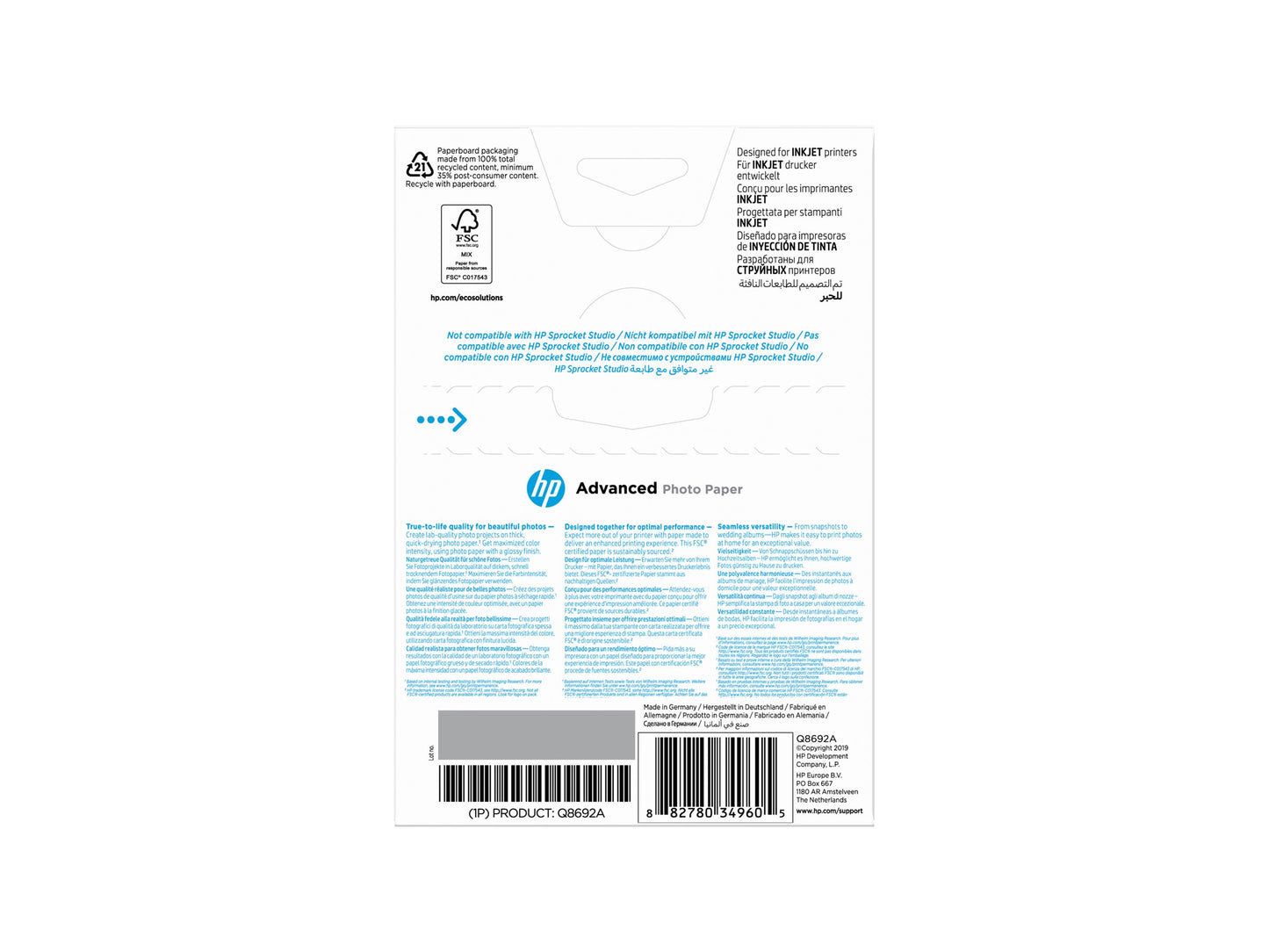 HP original Q8692A Advanced glossy photo paper Ink cartridge 250g/m2 100x150mm 100 sheets 1-pack borderless