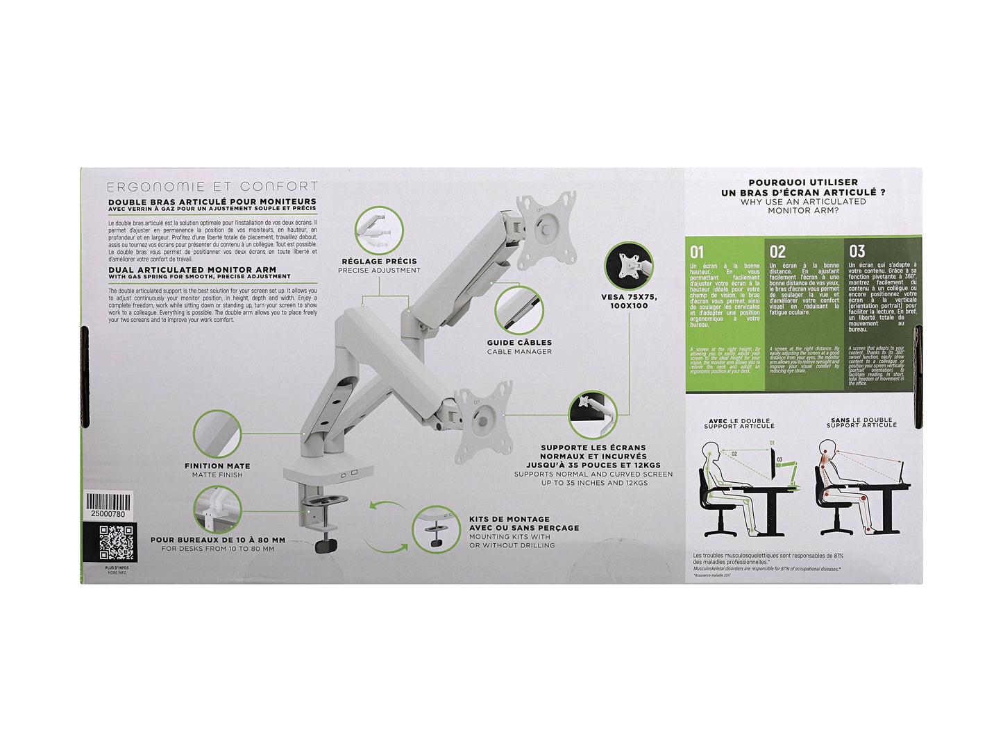 T'NB TNB ERGO - Double bras support articulé pour moniteur - blanc