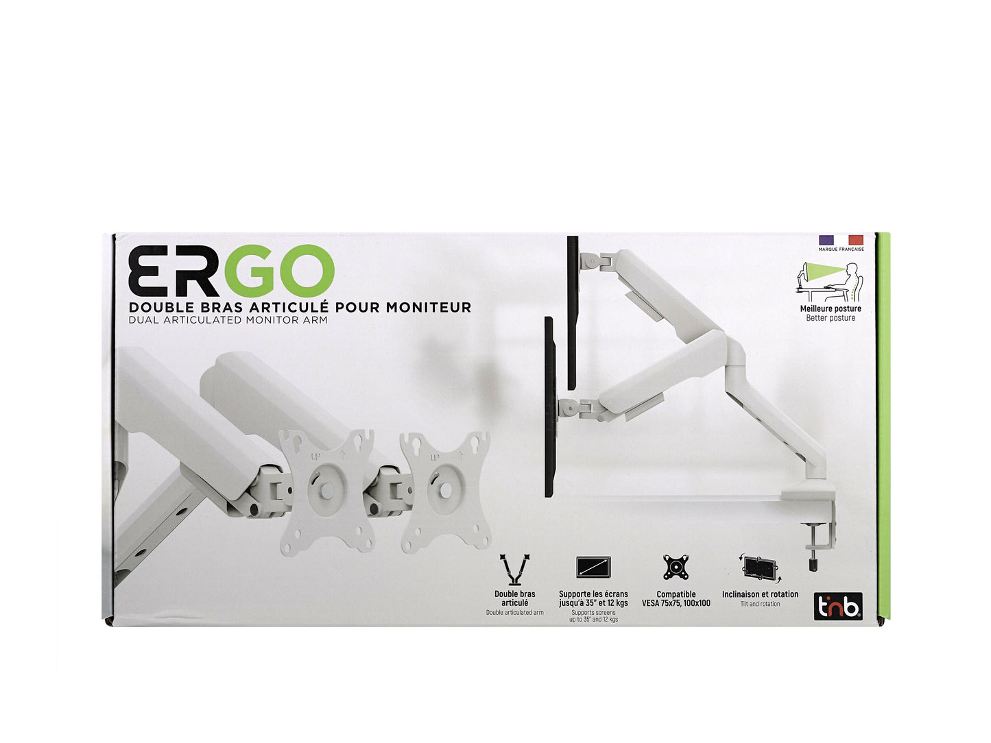 T'NB TNB ERGO - Double bras support articulé pour moniteur - blanc