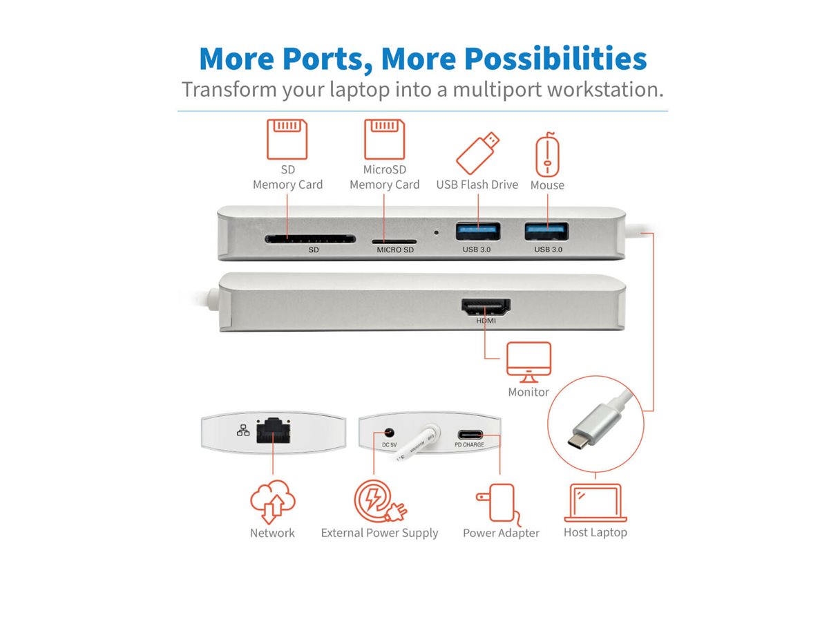 EATON TRIPPLITE USB-C Dock 4K HDMI USB 3.2 Gen 1 USB-A/C Hub GbE Memory Card 60W PD Charging