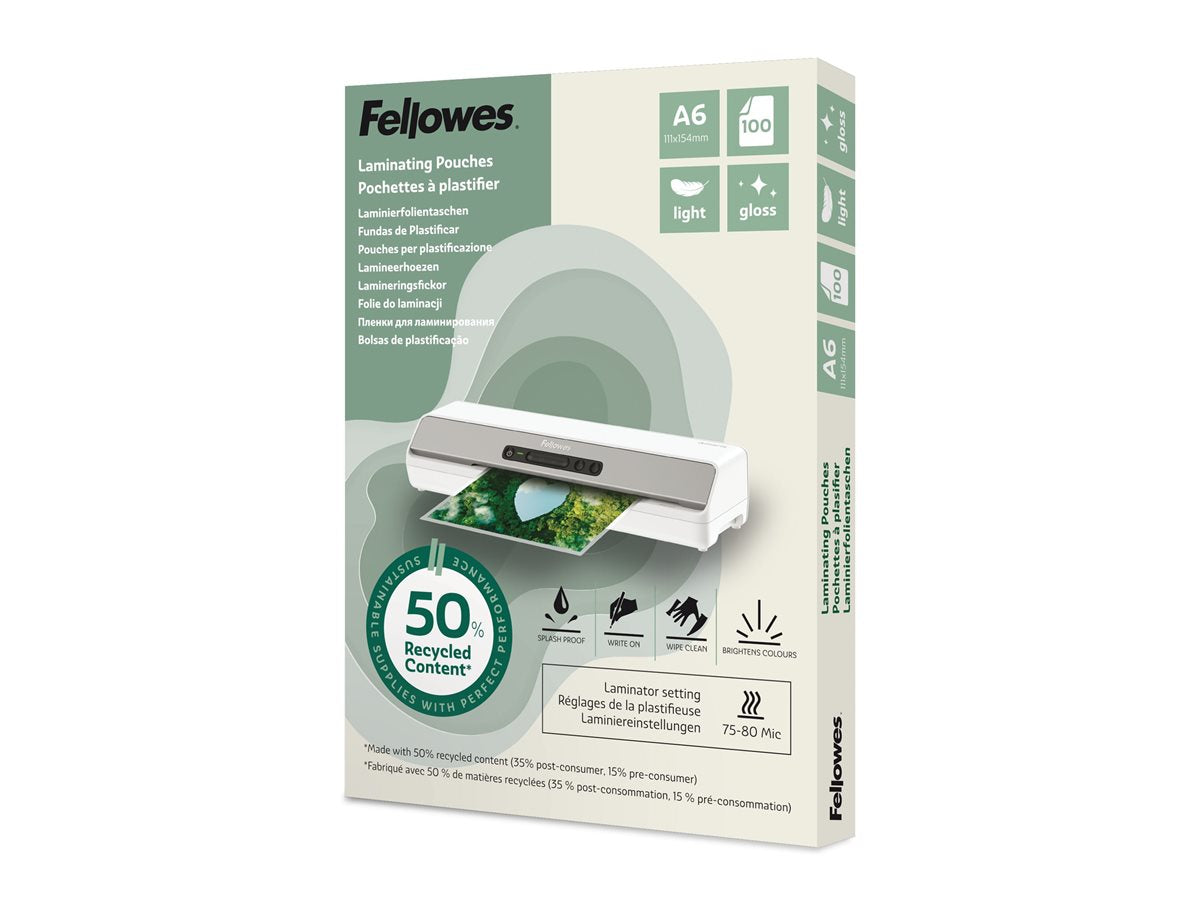 FELLOWES Pochettes de plastification A6 avec 50 pourcentage de contenu recyclé - usage léger brillant lot de 100