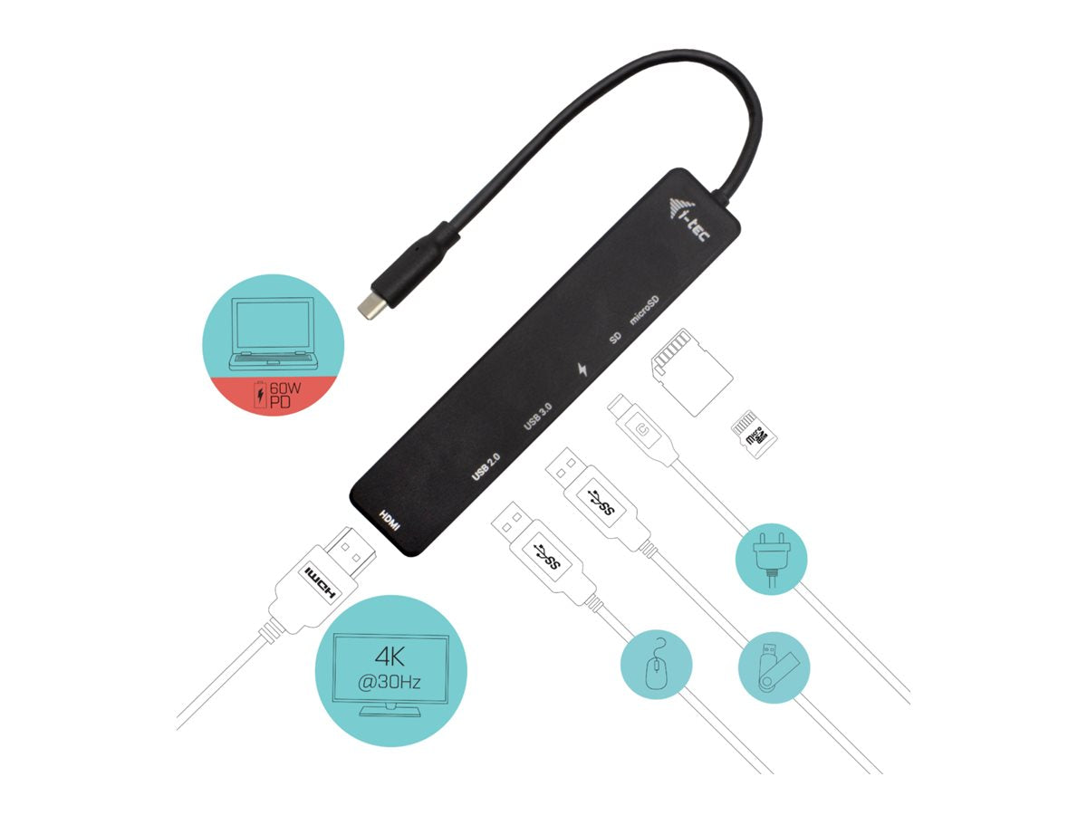 I-TEC USB-C Travel Easy Dock HDMI4K USB-C USB3.0 USB2.0 SD+microSD Card reader Power Delivery 60W 20cm USB-C Cable Sans Alimentation