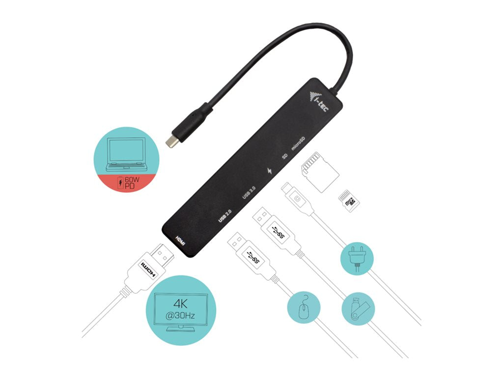 I-TEC USB-C Travel Easy Dock HDMI4K USB-C USB3.0 USB2.0 SD+microSD Card reader Power Delivery 60W 20cm USB-C Cable Sans Alimentation