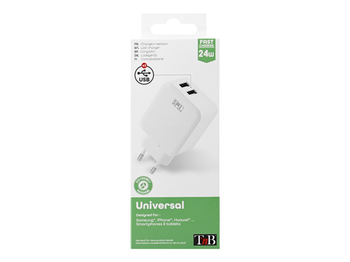 TNB 4.8A Mains 2 USB Charger White