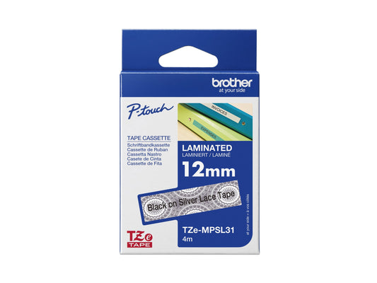 BROTHER Ruban laminé Noir sur Motifs Dentelle Argent 12mm (4m)
