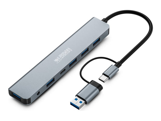 URBAN FACTORY URBAN FACTORY Minee 7in1 USB-A/C Hub With 5 USB-A / 1 USB-C And DC Input Sideral Grey With Power Adapter