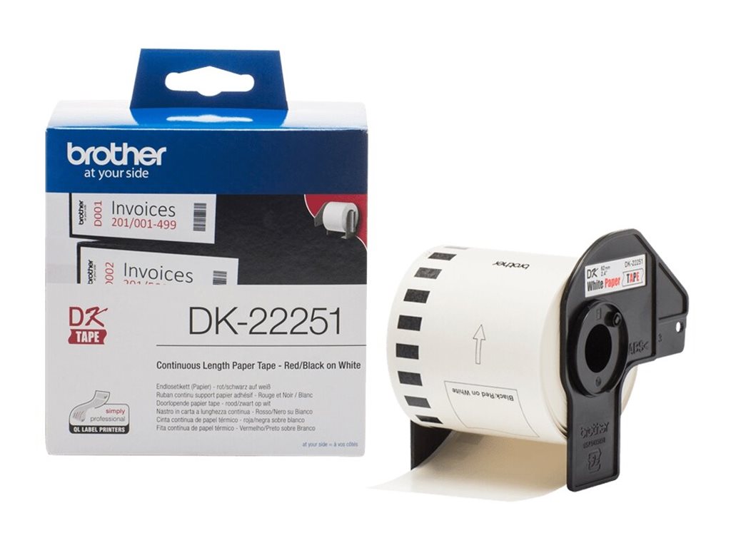 BROTHER Ruban DK tape - Rouleau continu adhésif 62mm x 30m - Impression noir et rouge