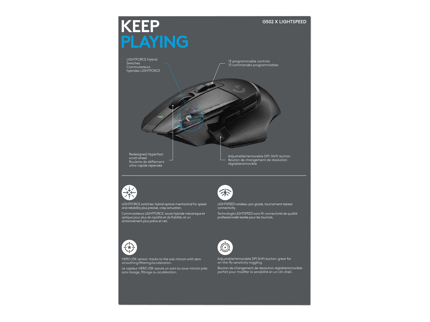 LOGITECH G G502 X LIGHTSPEED Mouse optical 8 buttons wireless 2.4 GHz USB LOGITECH LIGHTSPEED receiver black