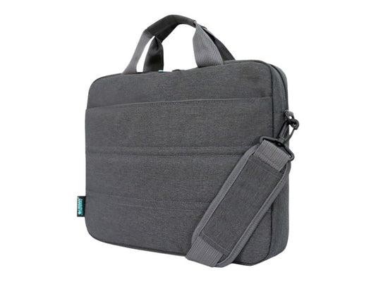 URBAN FACTORY Toploading bag made of recycled Nylon r-PET Reinforced notebook compartment Flat front pocket with zip Back patch
