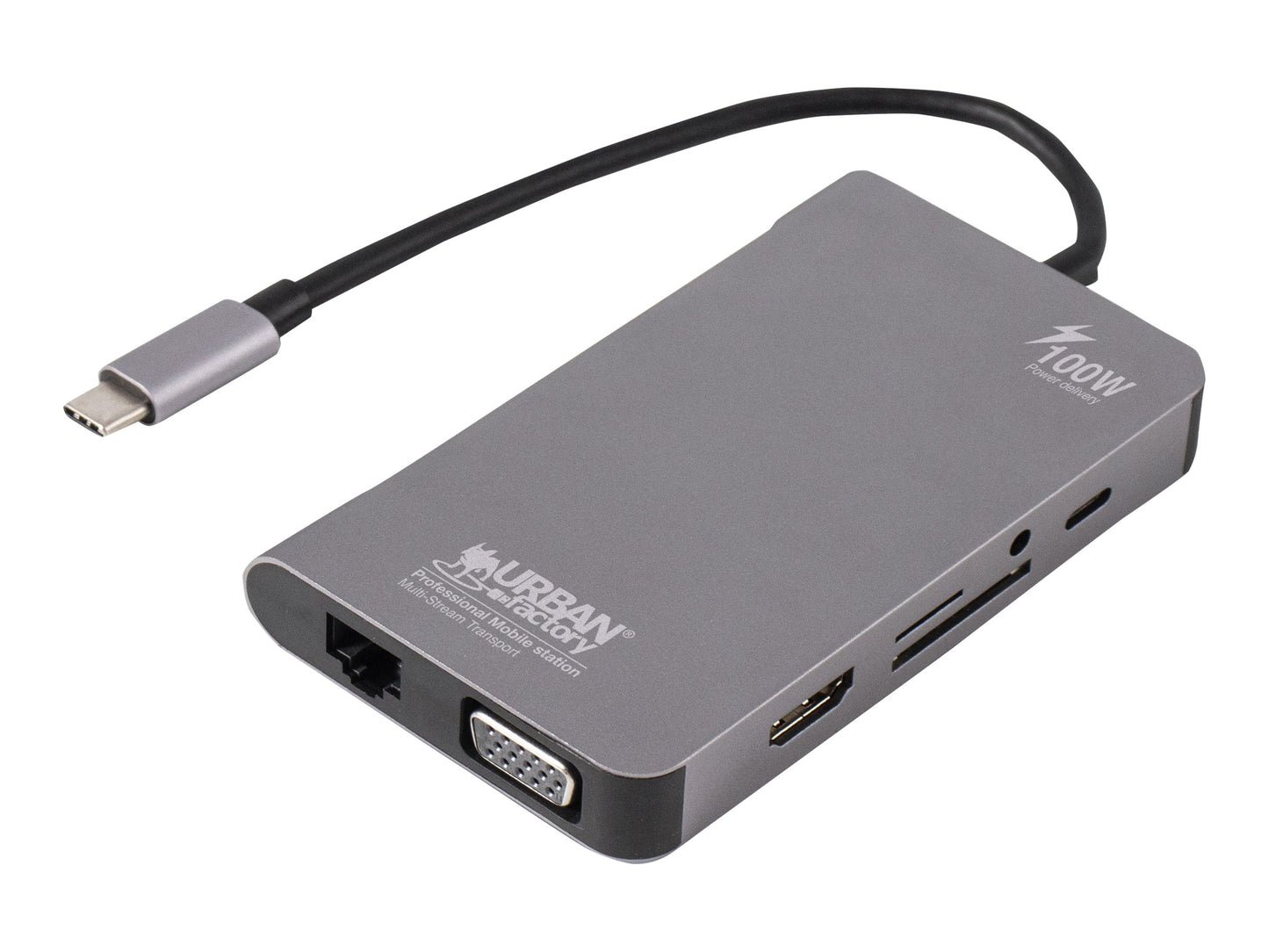 URBAN FACTORY Hubee Plus USB-C Mobile Station RJ45 Gigabit HDMI 4K VGA HD 3xUSB-A 3.1 of 10gbps 100Watts
