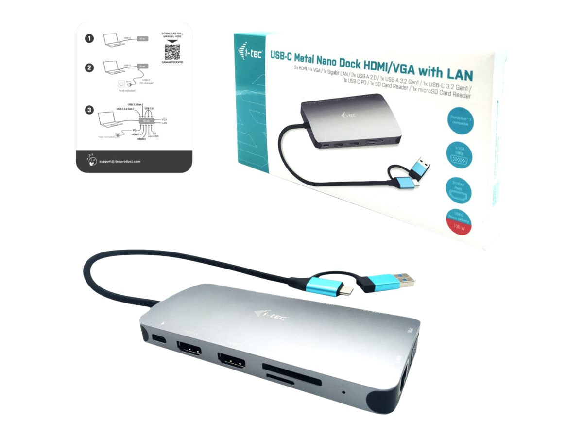 I-TEC I-TEC USB-C Metal Nano Dock 2xHDMI 1xVGA 1xSD Cardreader 1xmicroSD Cardreader 1xGLAN 3xUSB 2.0 1xUSB 3.2 1xUSB-C3.2Data 1xUSB-C PD