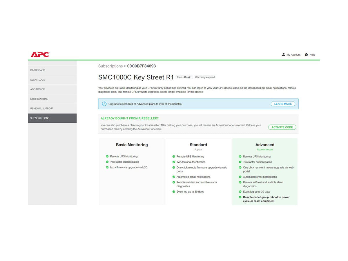 APC 1-UPS Standard 3Y Plan SmartConnect