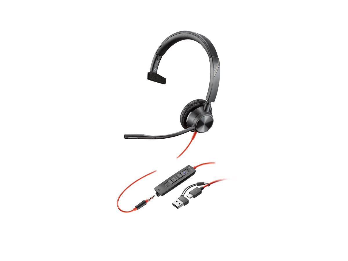 HP Poly Blackwire 3315 Monaural Microsoft Teams Certified USB-C Headset +3.5mm Plug +USB-C/A Adapter